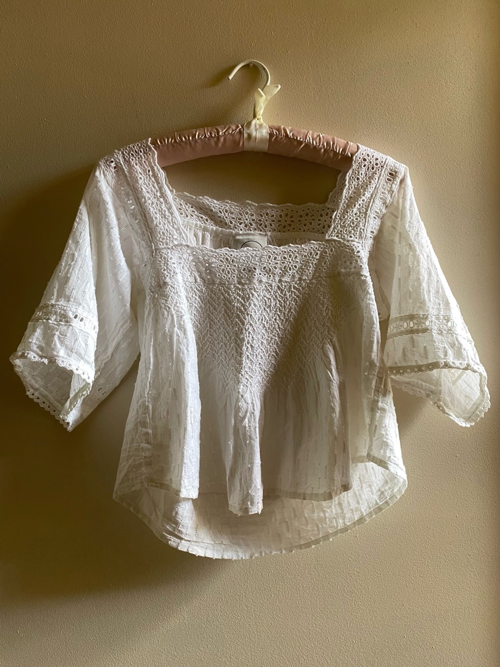 Anthropologie White Lace-Trimmed Square Neck Blouse